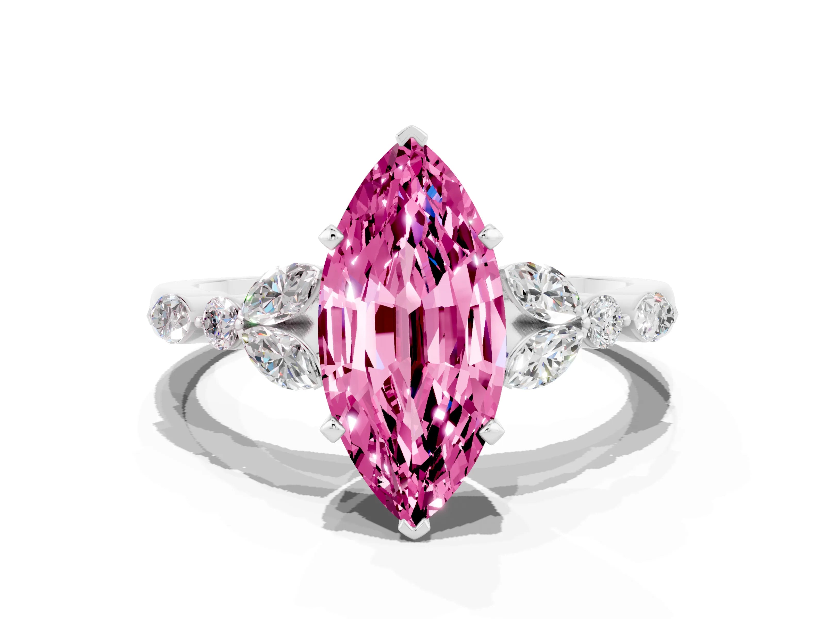 White gold Marquise Cut Pink Sapphire Solitaire Ring with Side Stones and Four-Prong Setting_33