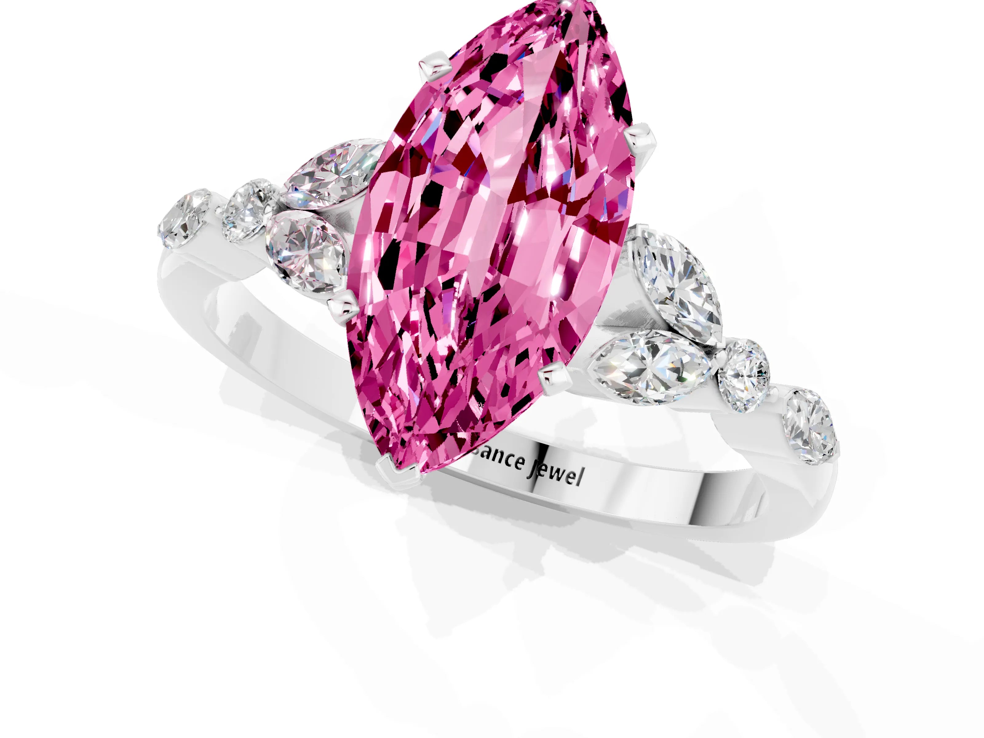 White gold Marquise Cut Pink Sapphire Solitaire Ring with Side Stones and Four-Prong Setting_34