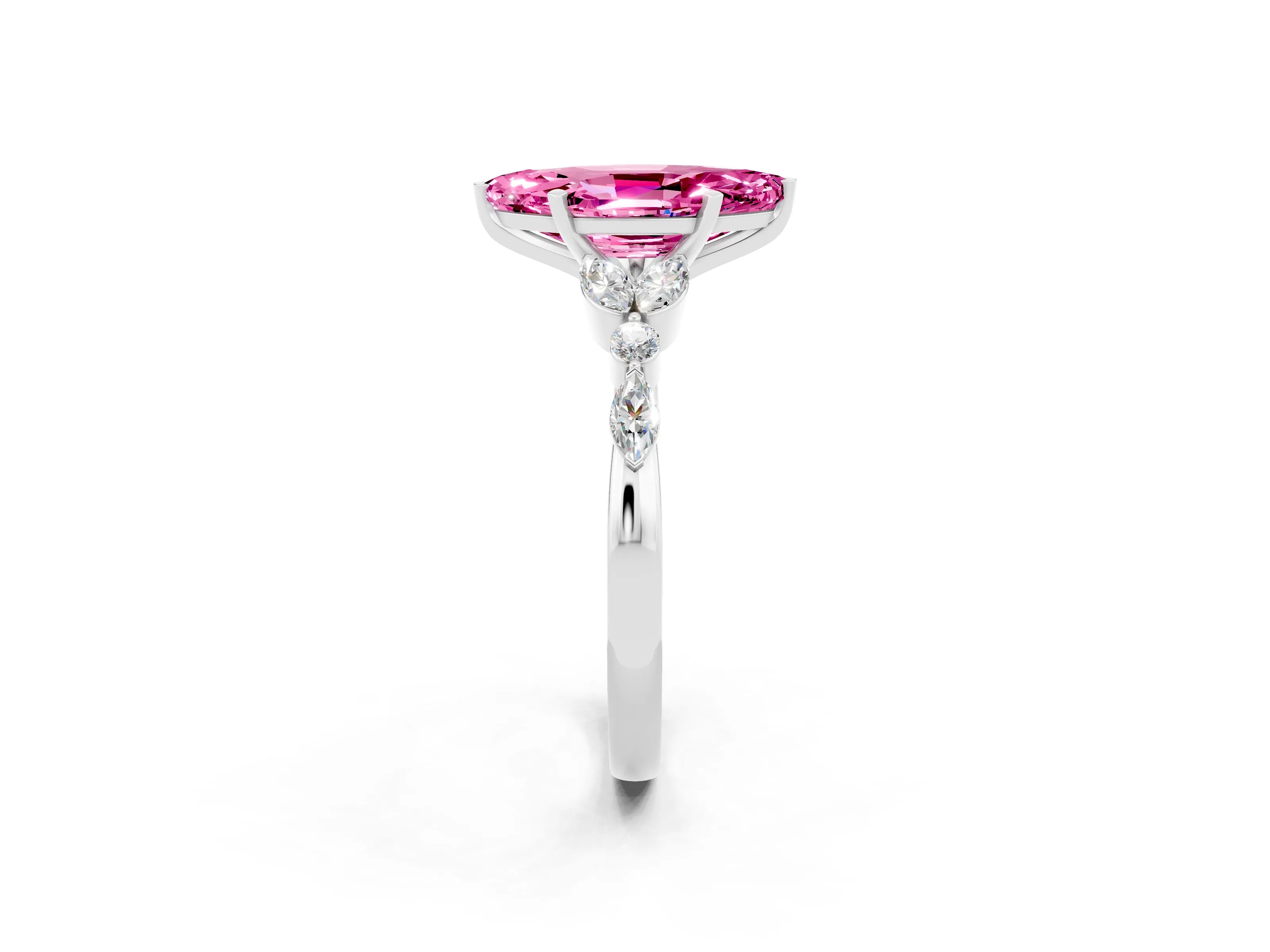 White gold Marquise Cut Pink Sapphire Solitaire Ring with Side Stones and Four-Prong Setting_35