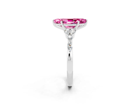 White gold Marquise Cut Pink Sapphire Solitaire Ring with Side Stones and Four-Prong Setting_35