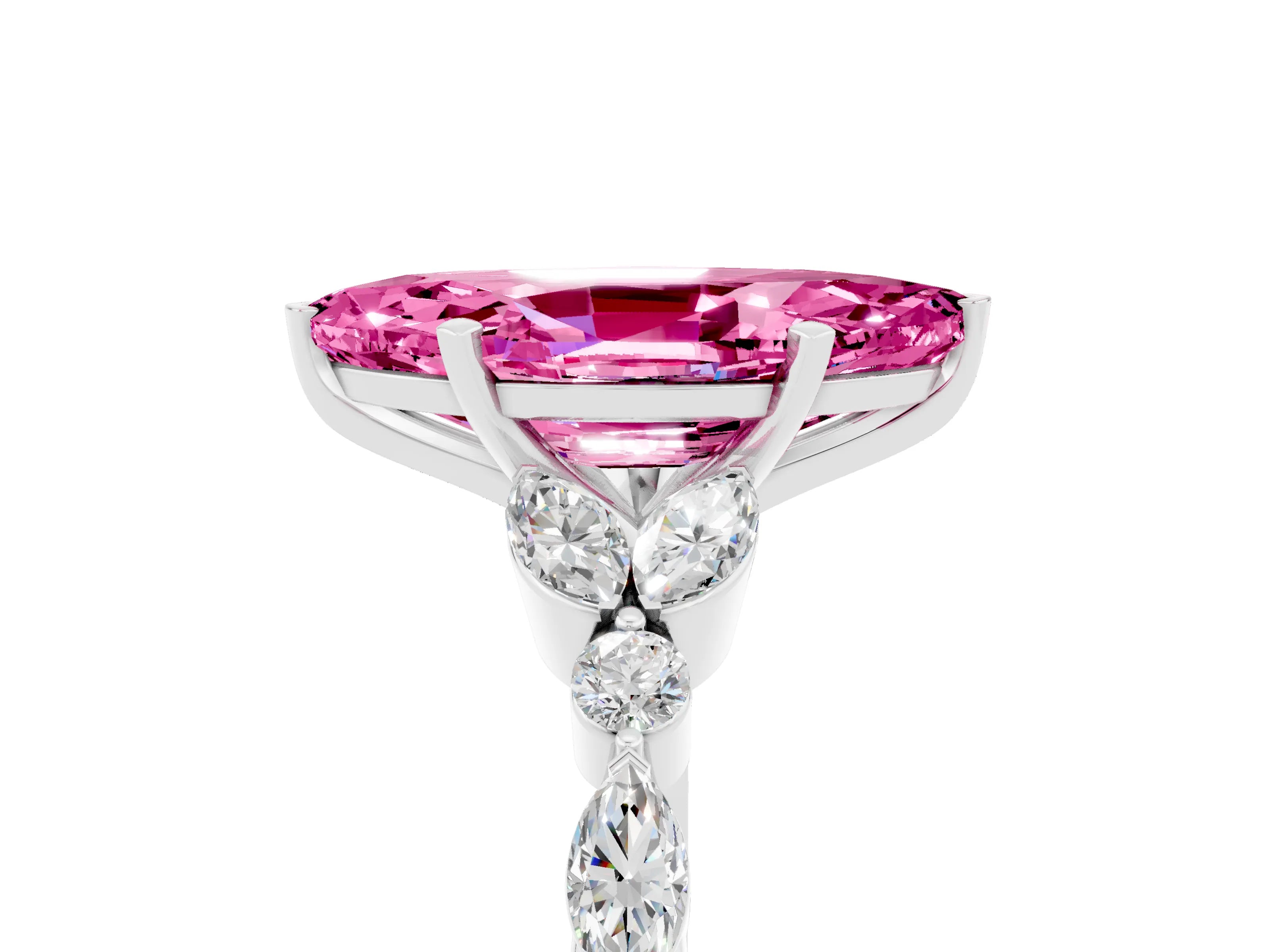 White gold Marquise Cut Pink Sapphire Solitaire Ring with Side Stones and Four-Prong Setting_38