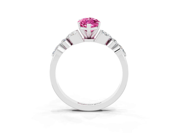 Platinum Marquise Cut Pink Sapphire Solitaire Ring with Side Stones and Four-Prong Setting