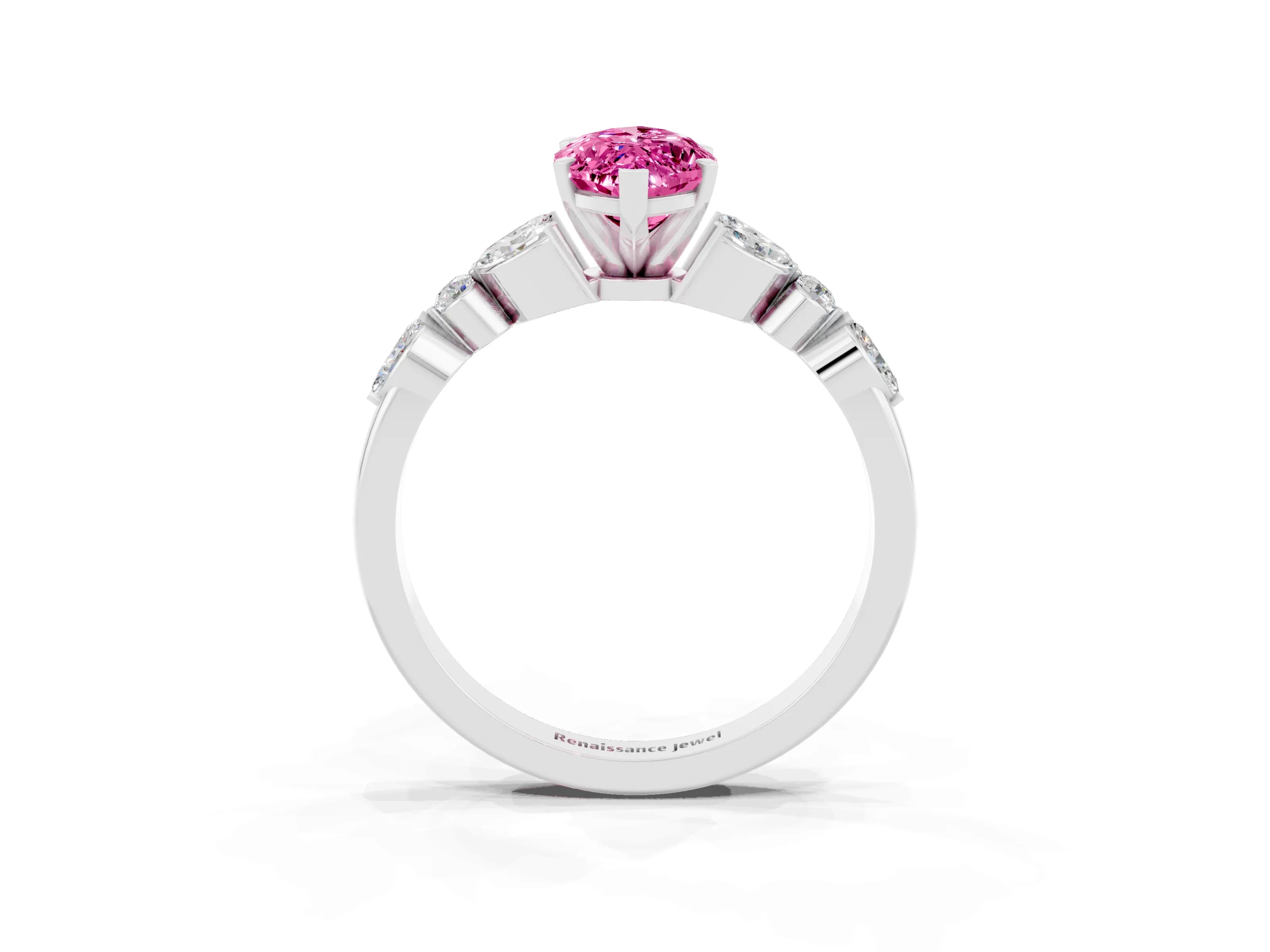 White gold Marquise Cut Pink Sapphire Solitaire Ring with Side Stones and Four-Prong Setting_45