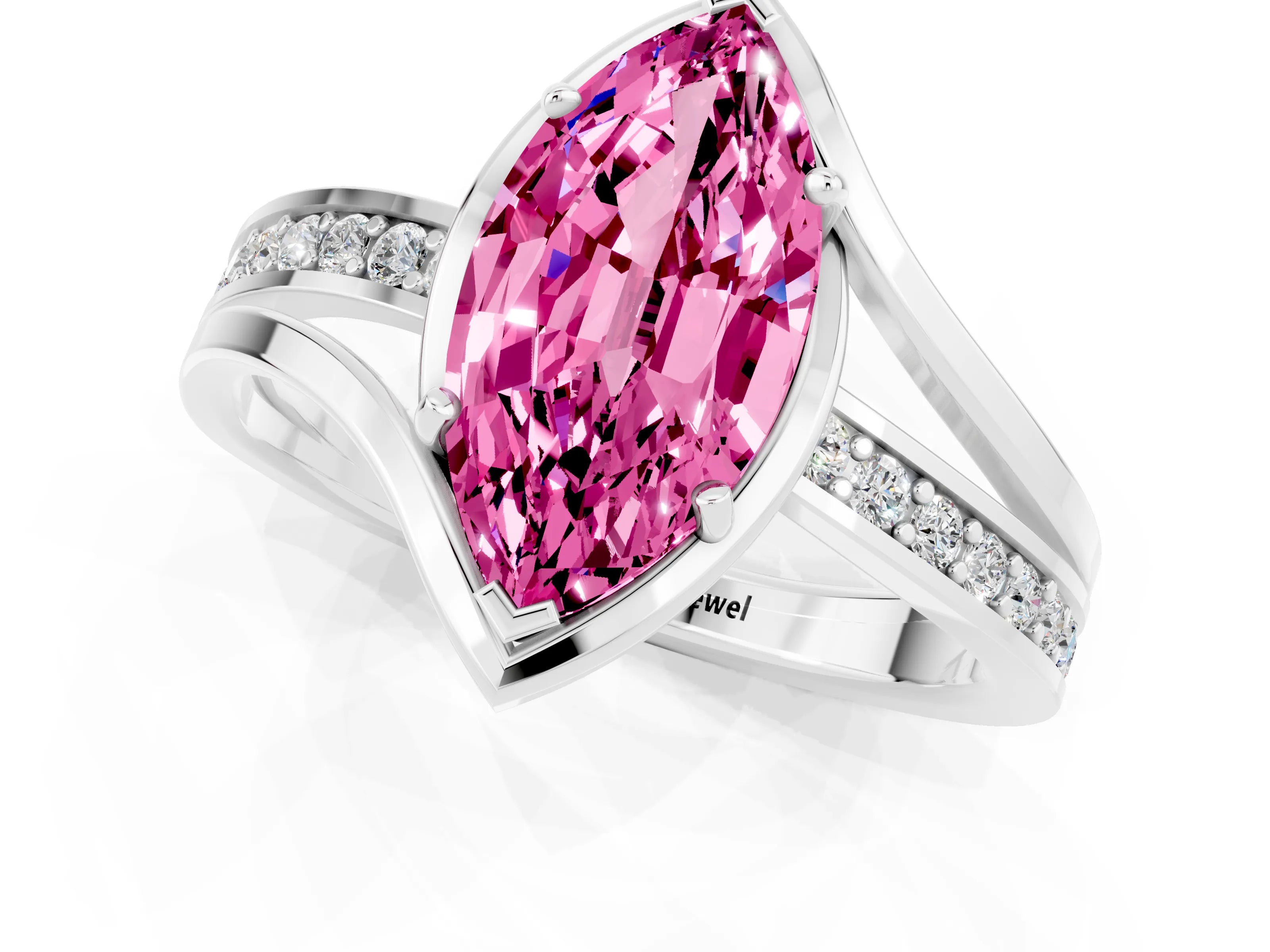 White gold Marquise Cut Pink Sapphire Solitaire Ring with Split Shank and Prong Setting_1