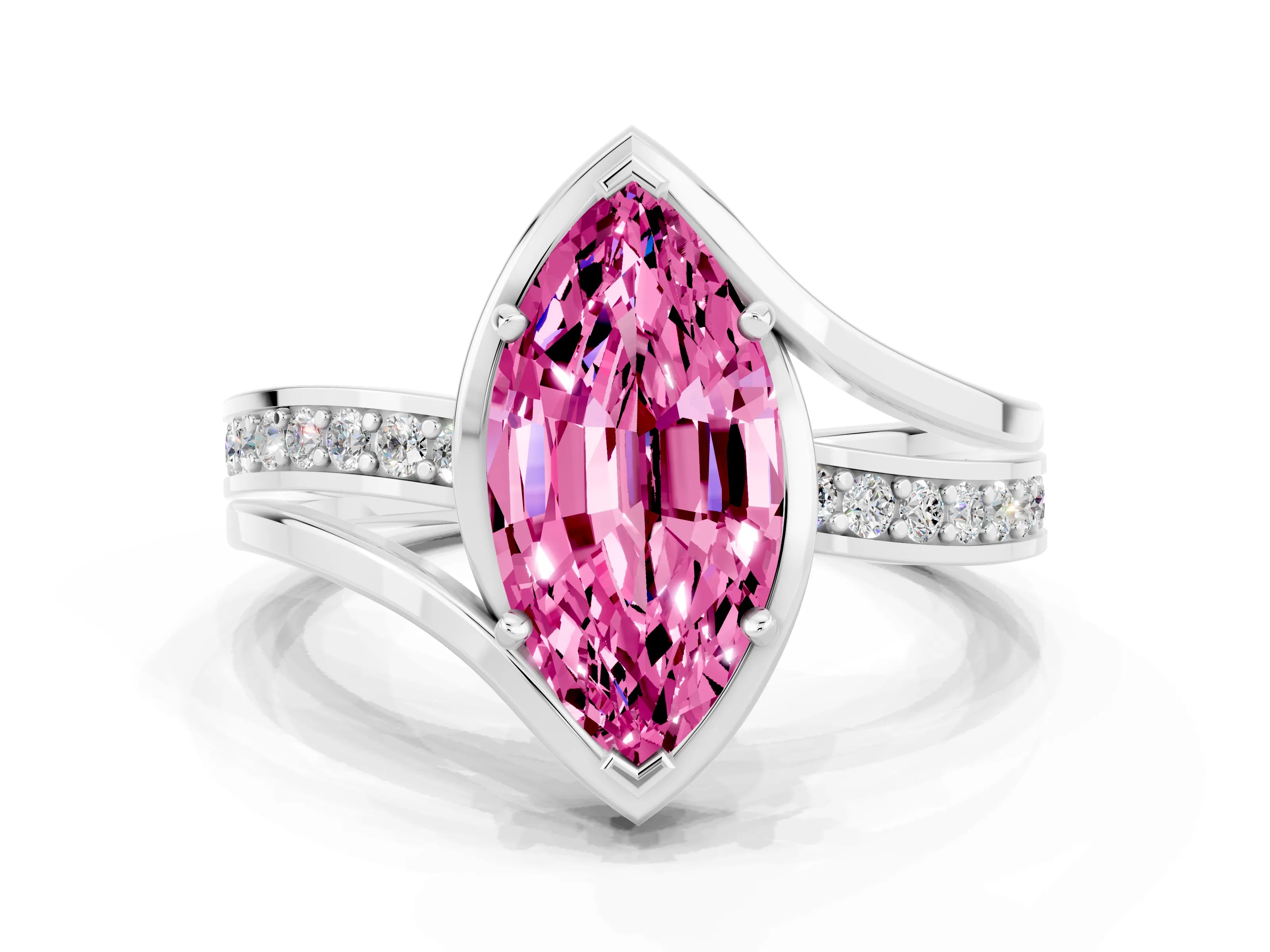 White gold Marquise Cut Pink Sapphire Solitaire Ring with Split Shank and Prong Setting