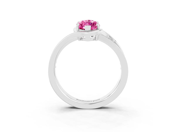 Silver Marquise Cut Pink Sapphire Solitaire Ring with Split Shank and Prong Setting