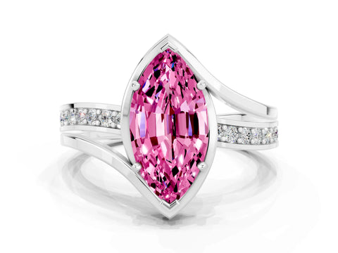 White gold Marquise Cut Pink Sapphire Solitaire Ring with Split Shank and Prong Setting