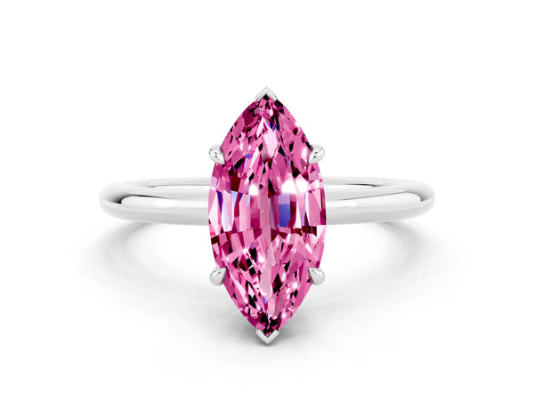 Silver Marquise Cut Pink Sapphire Solitaire Ring with Thin Band and Four-Prong Setting