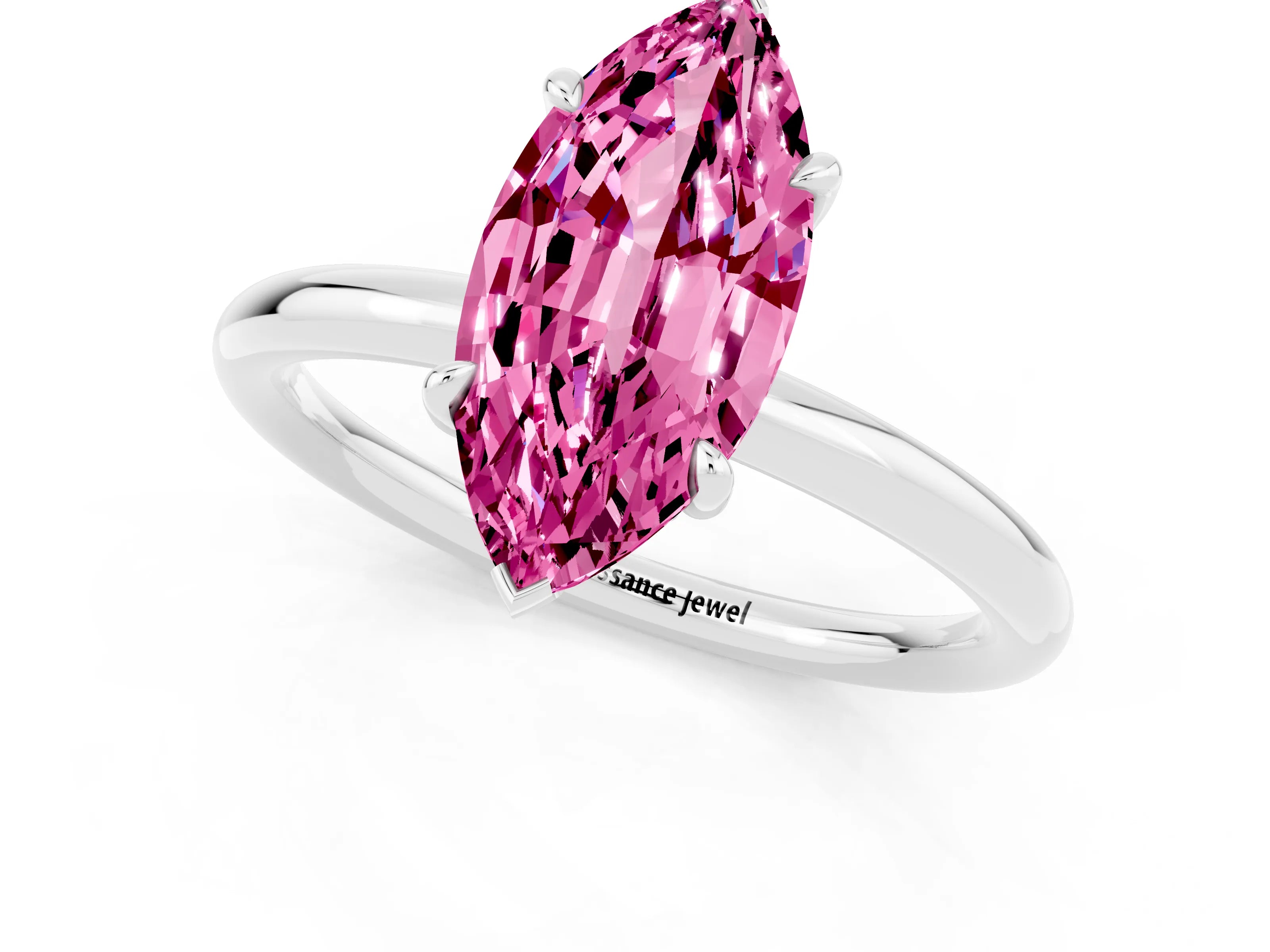 White gold Marquise Cut Pink Sapphire Solitaire Ring with Thin Band and Four-Prong Setting_37