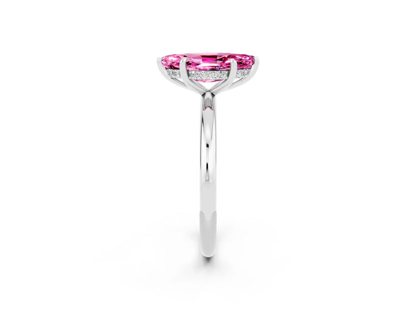 Platinum Marquise Cut Pink Sapphire Solitaire Ring with Thin Band and Four-Prong Setting