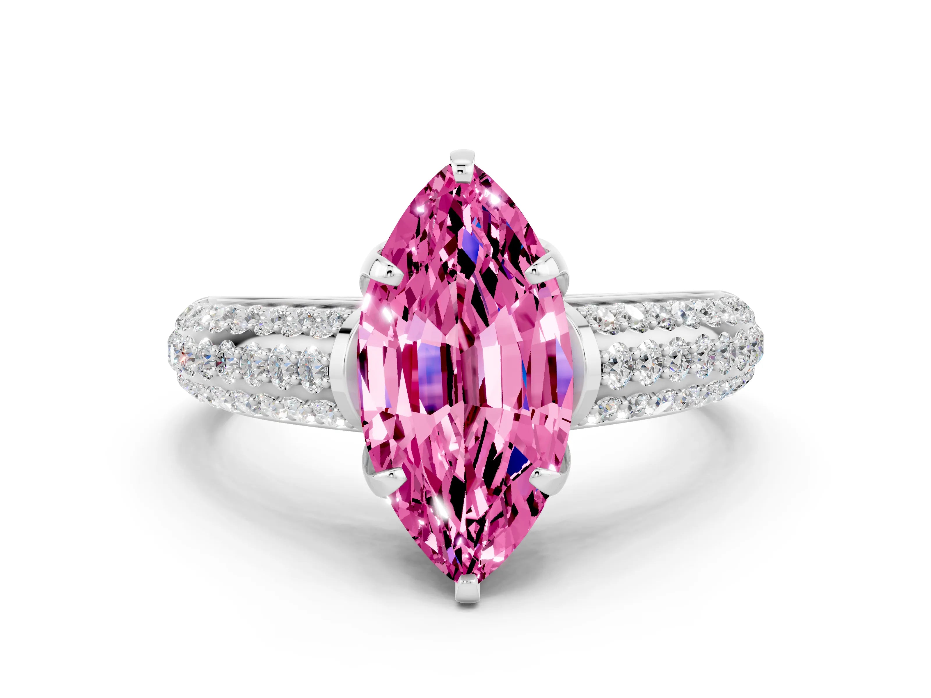 White gold Marquise Cut Pink Sapphire Solitaire Ring with Three-Row Pavé Band and Four-Prong Setting_12