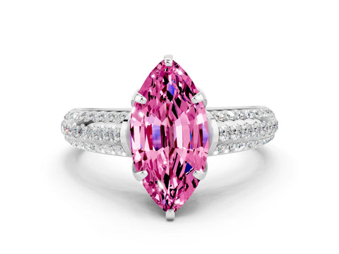 White gold Marquise Cut Pink Sapphire Solitaire Ring with Three-Row Pavé Band and Four-Prong Setting_12