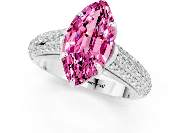 Platinum Marquise Cut Pink Sapphire Solitaire Ring with Three-Row Pavé Band and Four-Prong Setting
