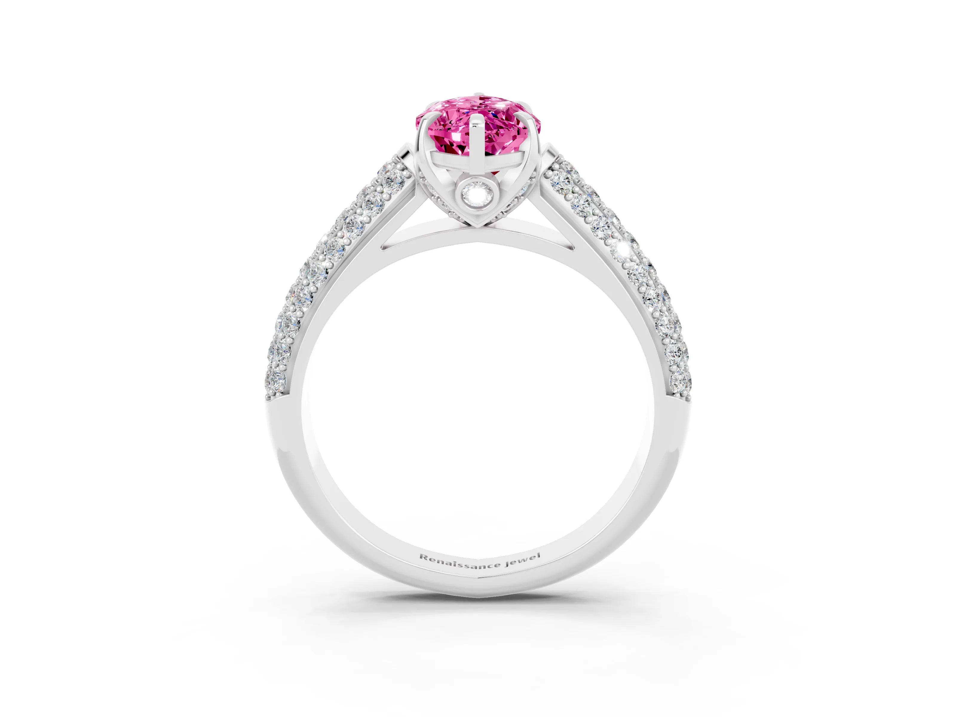 White gold Marquise Cut Pink Sapphire Solitaire Ring with Three-Row Pavé Band and Four-Prong Setting_15