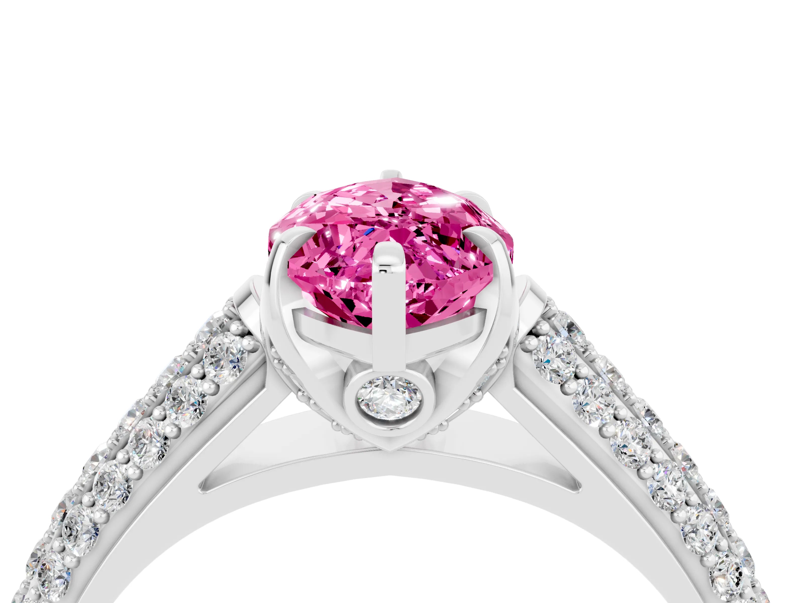 White gold Marquise Cut Pink Sapphire Solitaire Ring with Three-Row Pavé Band and Four-Prong Setting_16