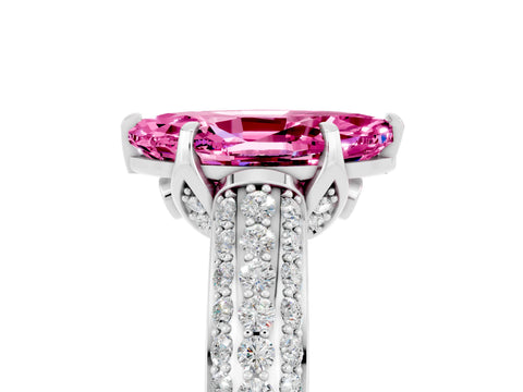 White gold Marquise Cut Pink Sapphire Solitaire Ring with Three-Row Pavé Band and Four-Prong Setting_17