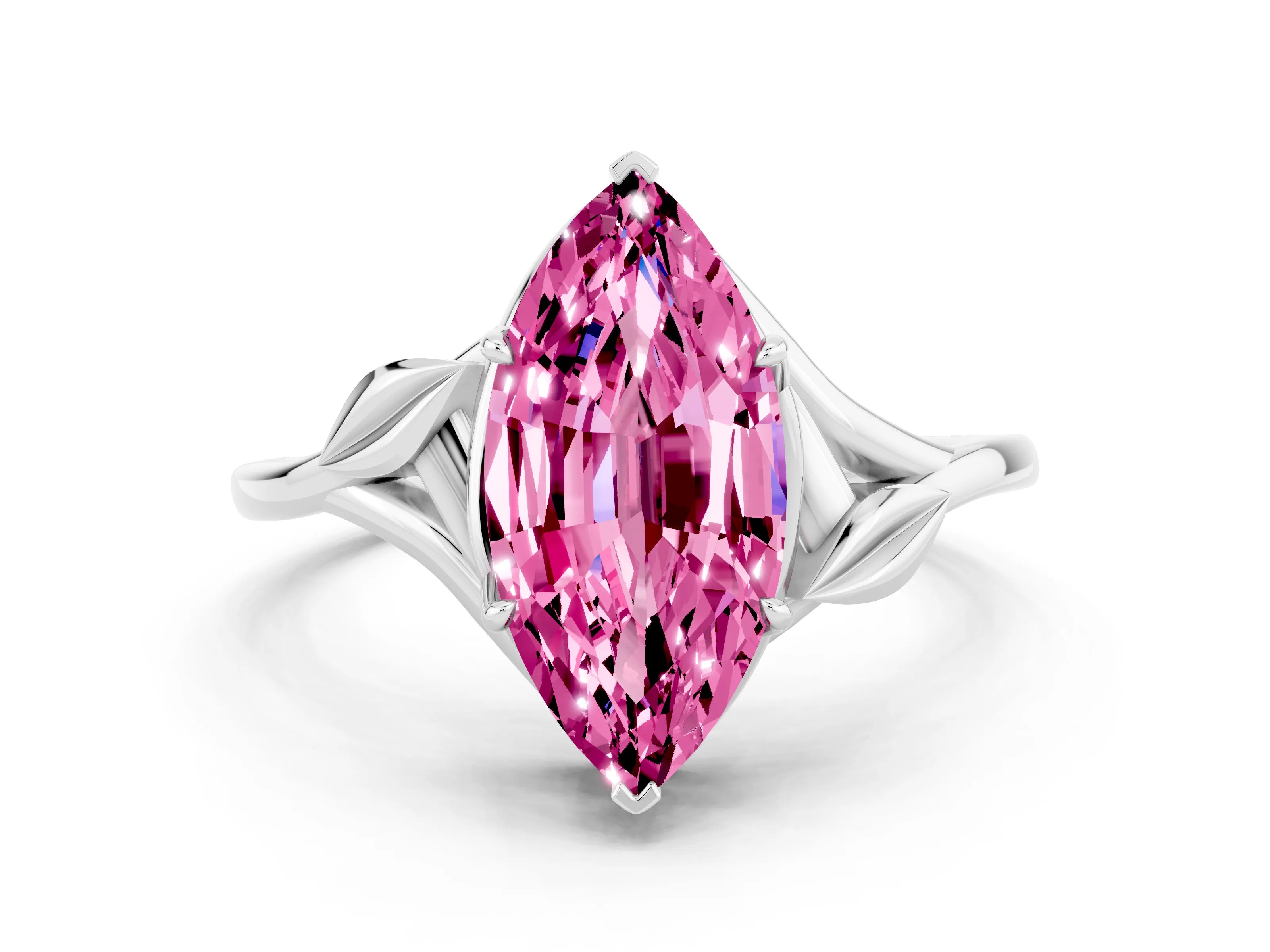 White gold Marquise Cut Pink Sapphire Solitaire Ring with Twist Band and Four-Prong Setting_12