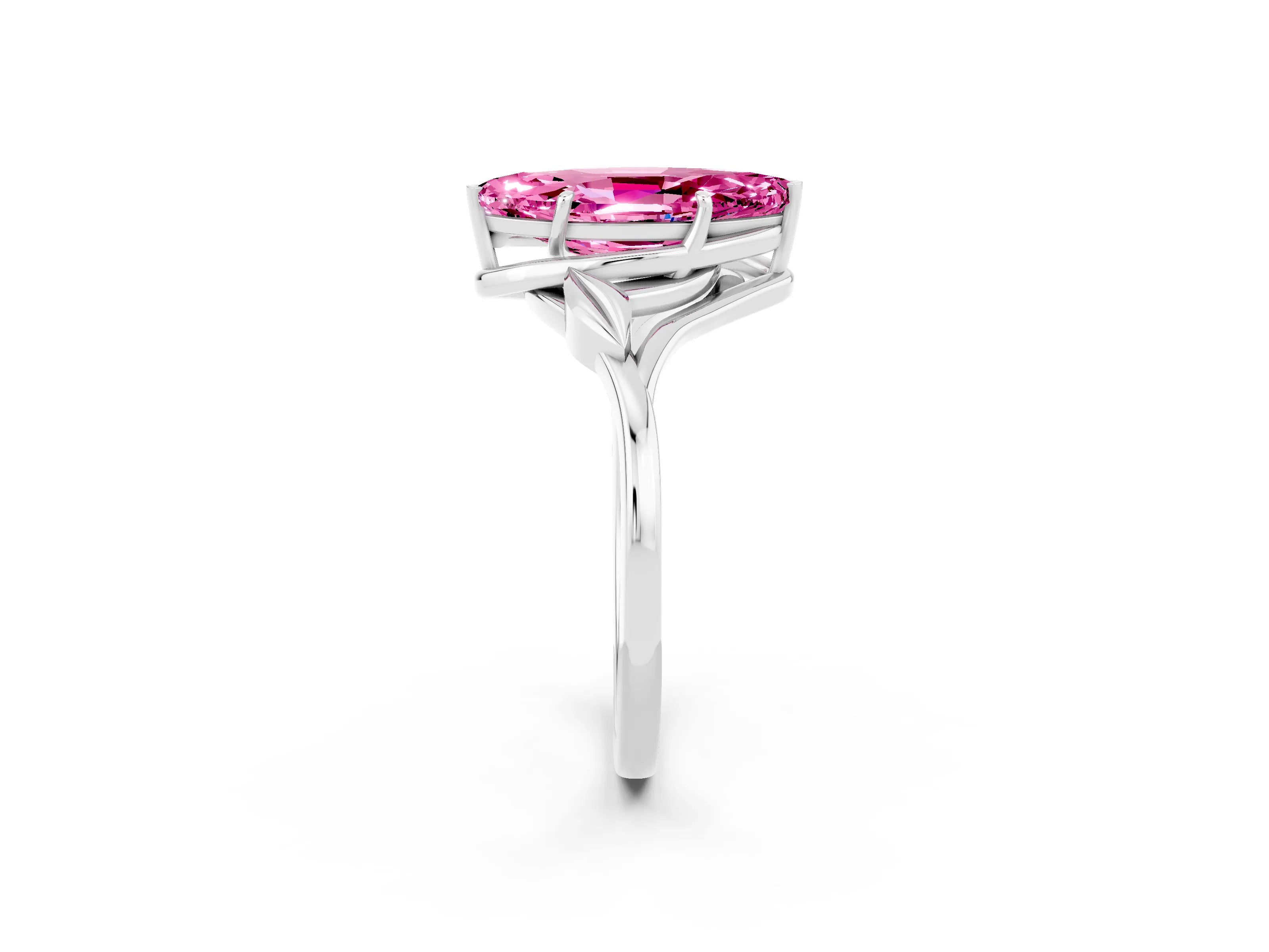 White gold Marquise Cut Pink Sapphire Solitaire Ring with Twist Band and Four-Prong Setting_14