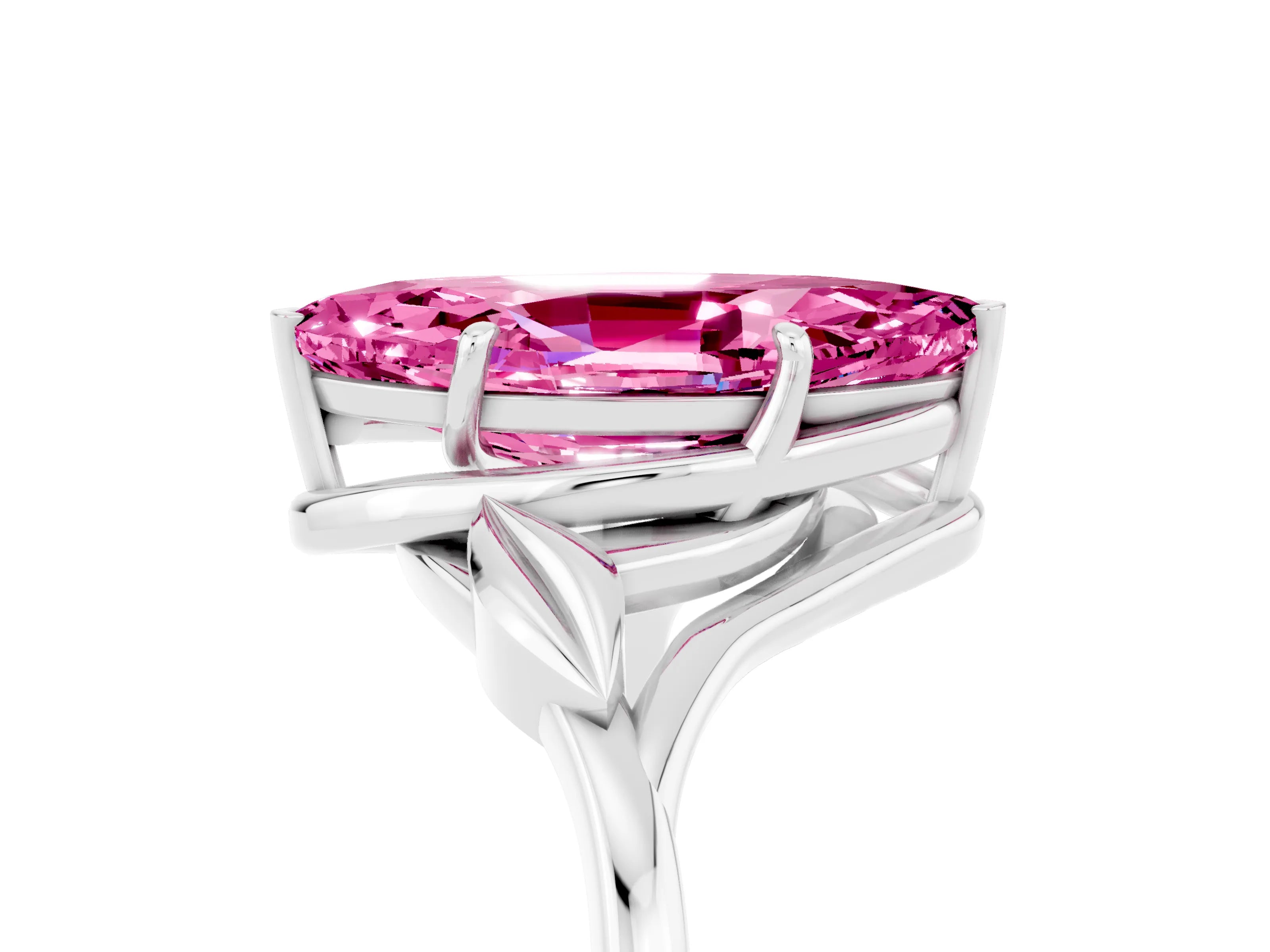 White gold Marquise Cut Pink Sapphire Solitaire Ring with Twist Band and Four-Prong Setting_17