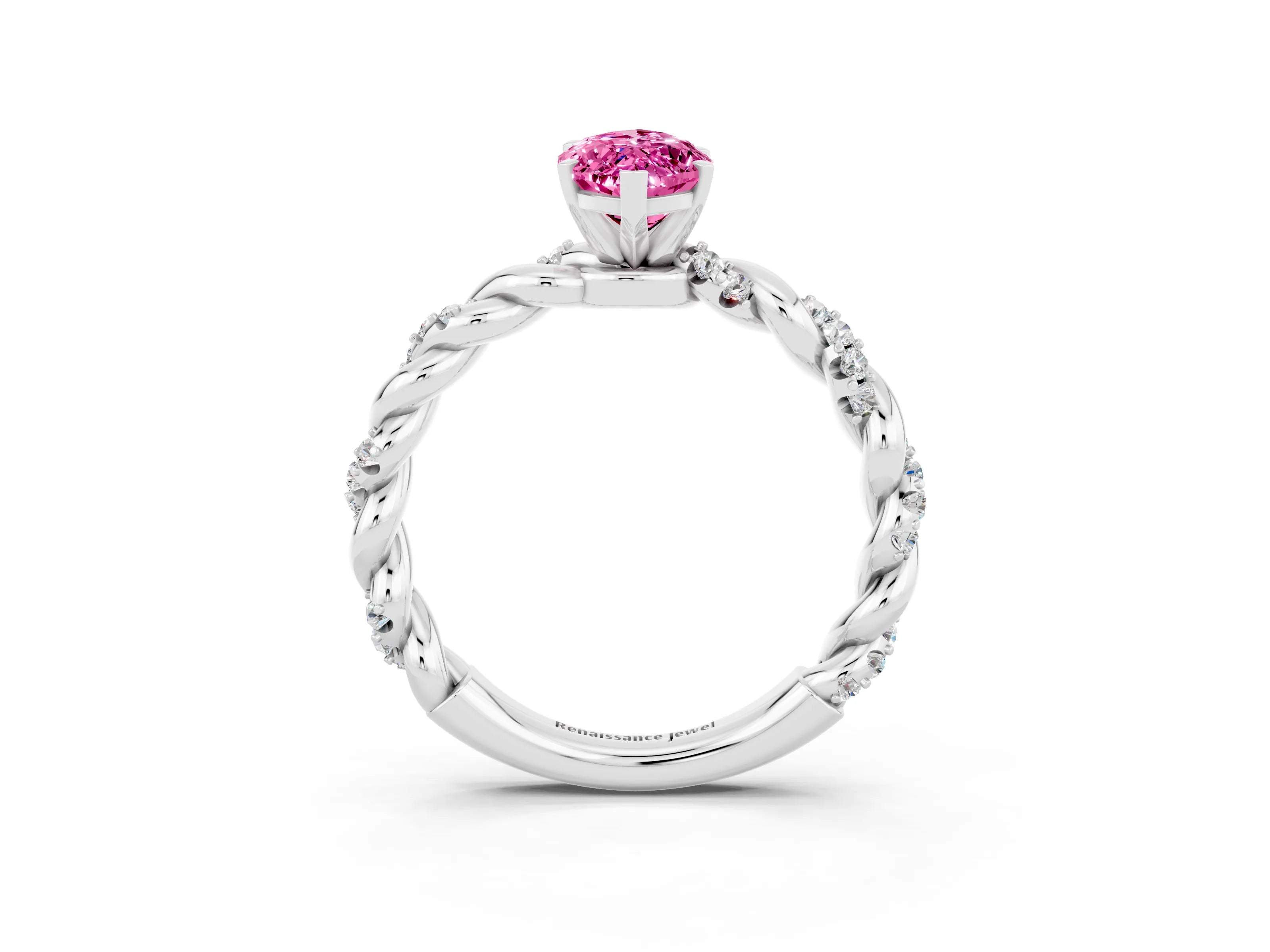 White gold Marquise Cut Pink Sapphire Solitaire Ring with Twisted Band and Pavé Accents_3