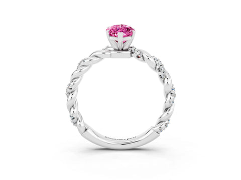 White gold Marquise Cut Pink Sapphire Solitaire Ring with Twisted Band and Pavé Accents_3