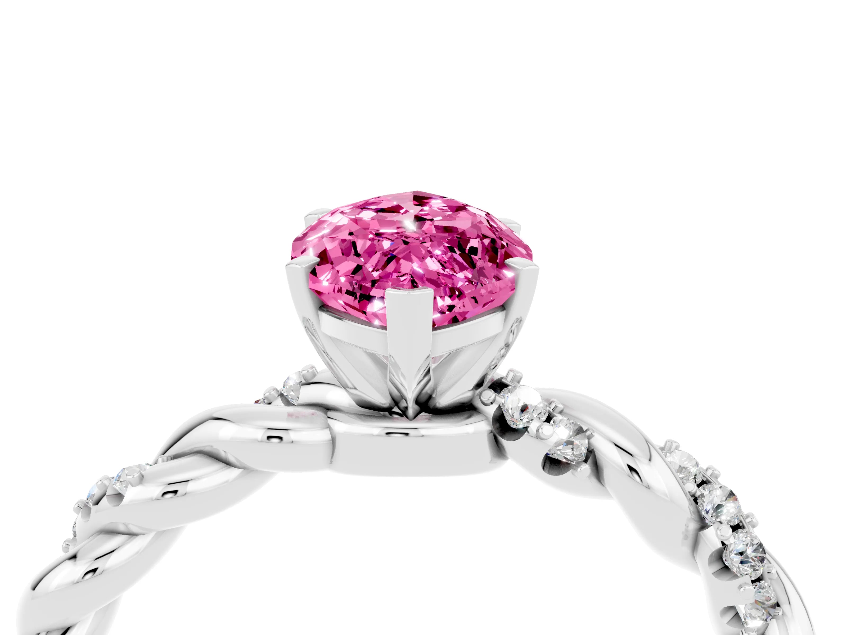 White gold Marquise Cut Pink Sapphire Solitaire Ring with Twisted Band and Pavé Accents_4