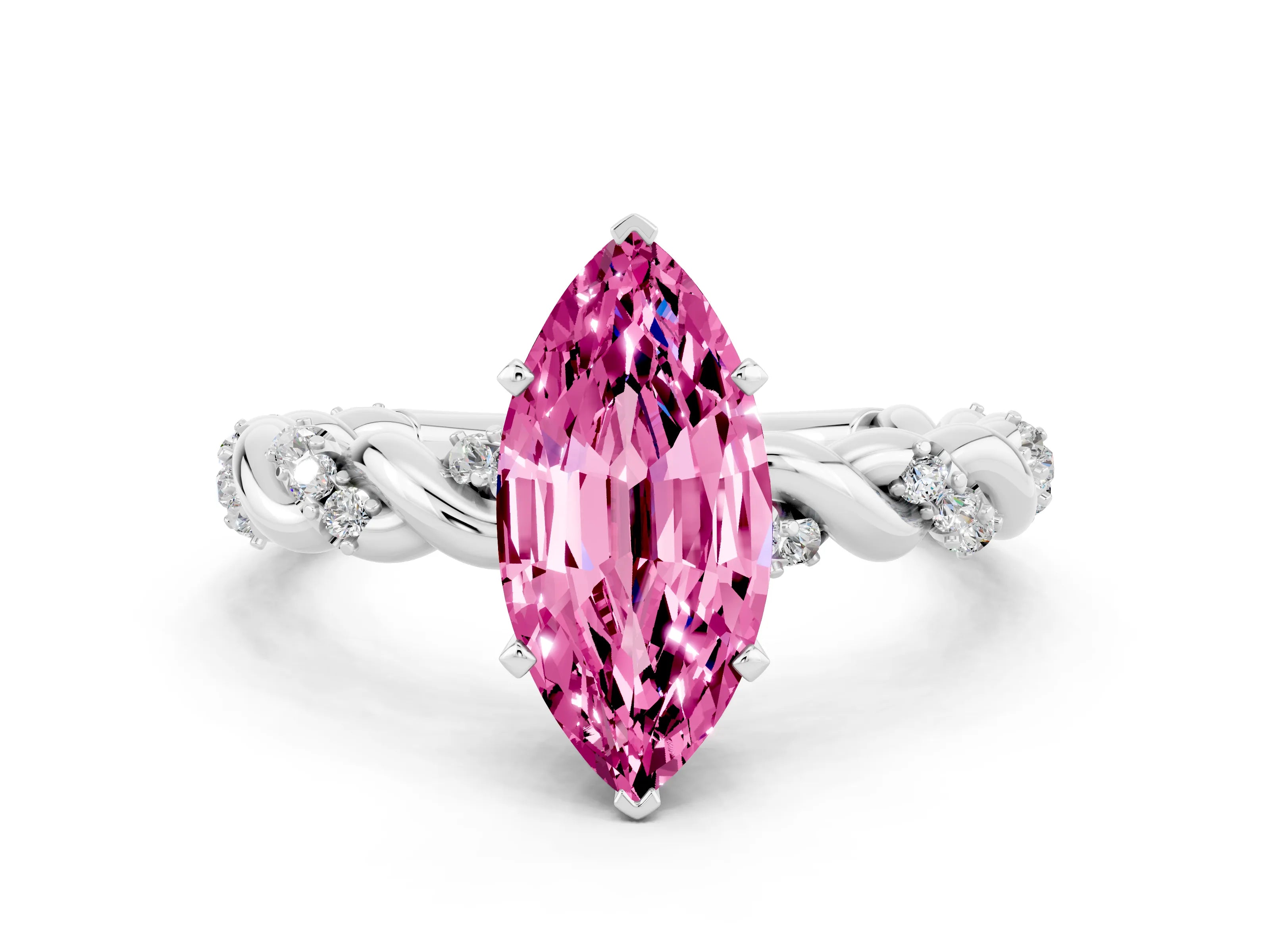 White gold Marquise Cut Pink Sapphire Solitaire Ring with Twisted Band and Pavé Accents