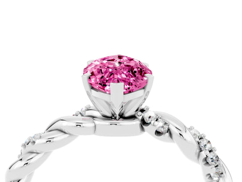 White gold Marquise Cut Pink Sapphire Solitaire Ring with Twisted Band and Pavé Accents_4