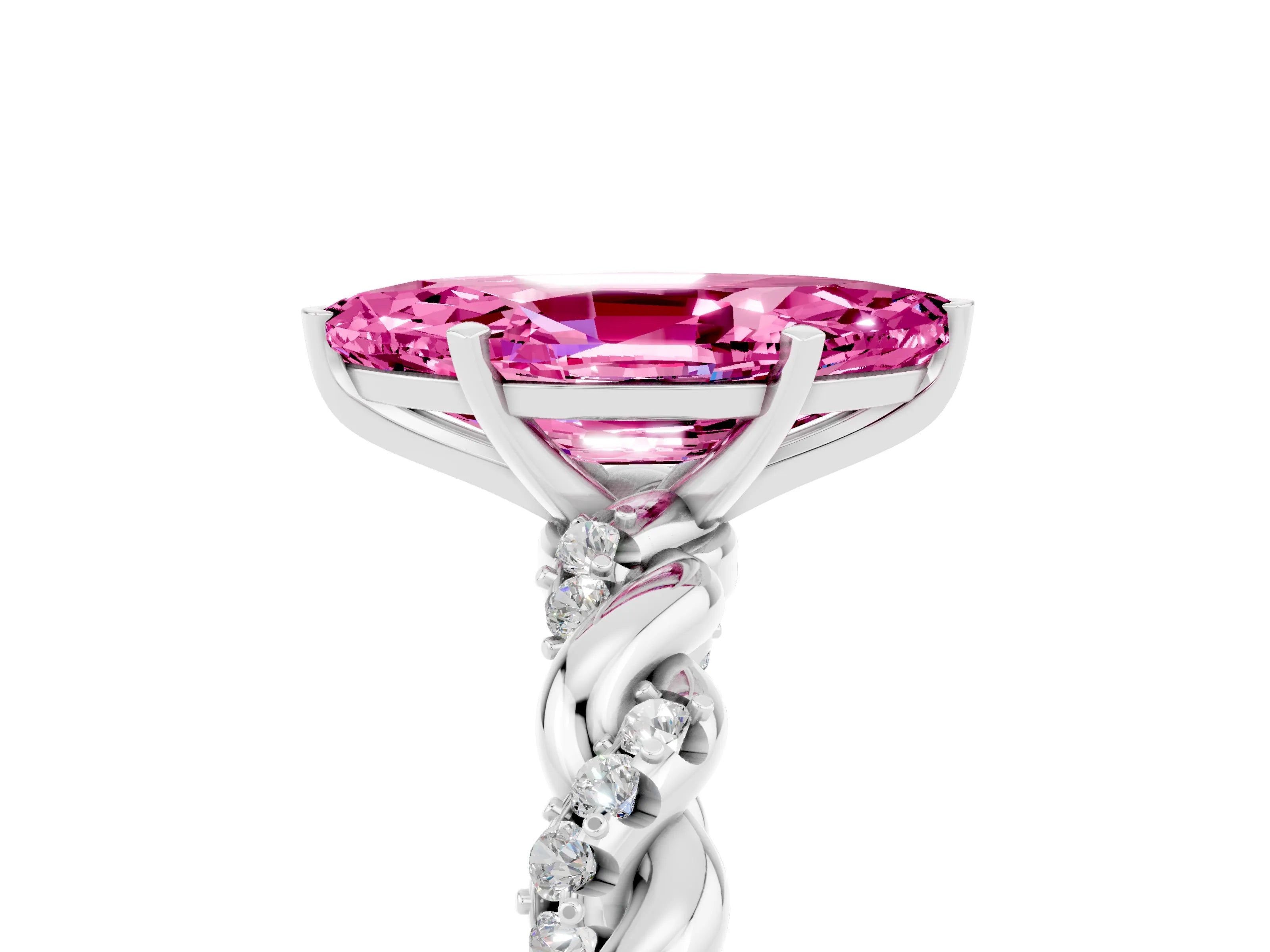 White gold Marquise Cut Pink Sapphire Solitaire Ring with Twisted Band and Pavé Accents_5