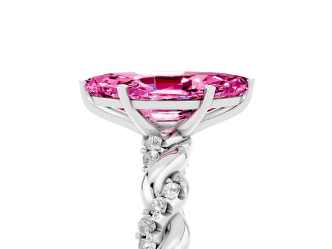 White gold Marquise Cut Pink Sapphire Solitaire Ring with Twisted Band and Pavé Accents_5