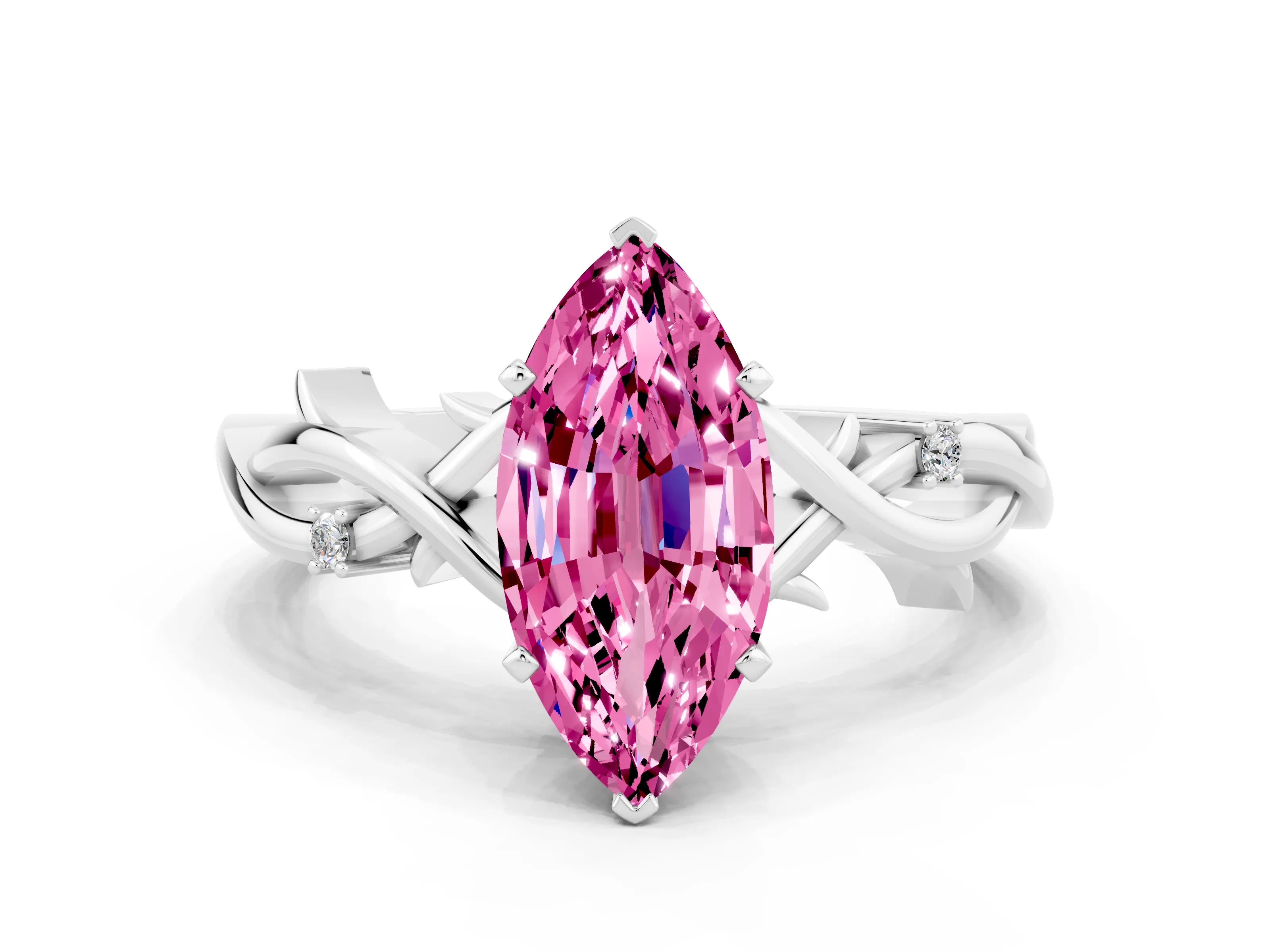 White gold Marquise Cut Pink Sapphire Solitaire Ring with Twisted Band and Prong Setting