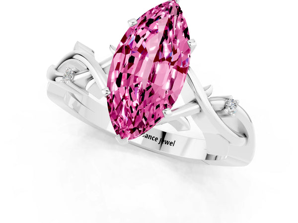 Platinum Marquise Cut Pink Sapphire Solitaire Ring with Twisted Band and Prong Setting