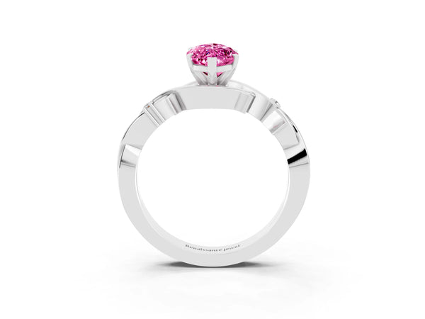 White gold Marquise Cut Pink Sapphire Solitaire Ring with Twisted Band and Prong Setting