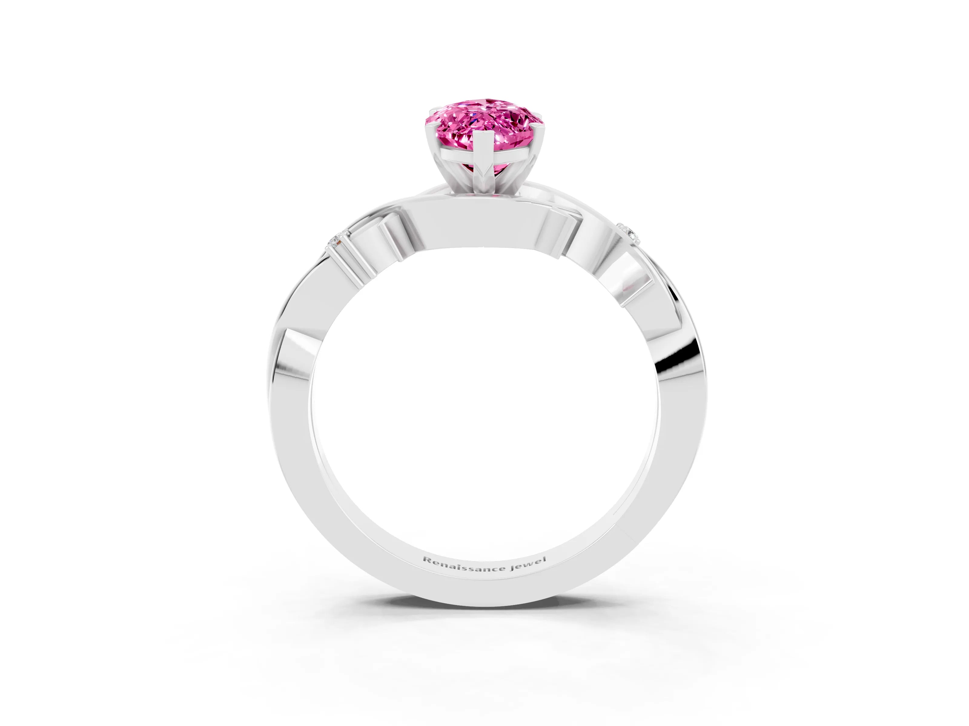 White gold Marquise Cut Pink Sapphire Solitaire Ring with Twisted Band and Prong Setting_3