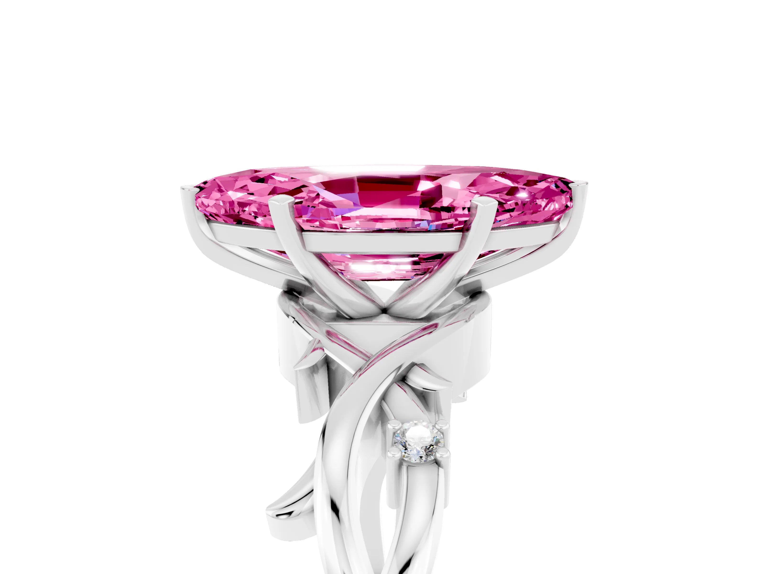 White gold Marquise Cut Pink Sapphire Solitaire Ring with Twisted Band and Prong Setting_5