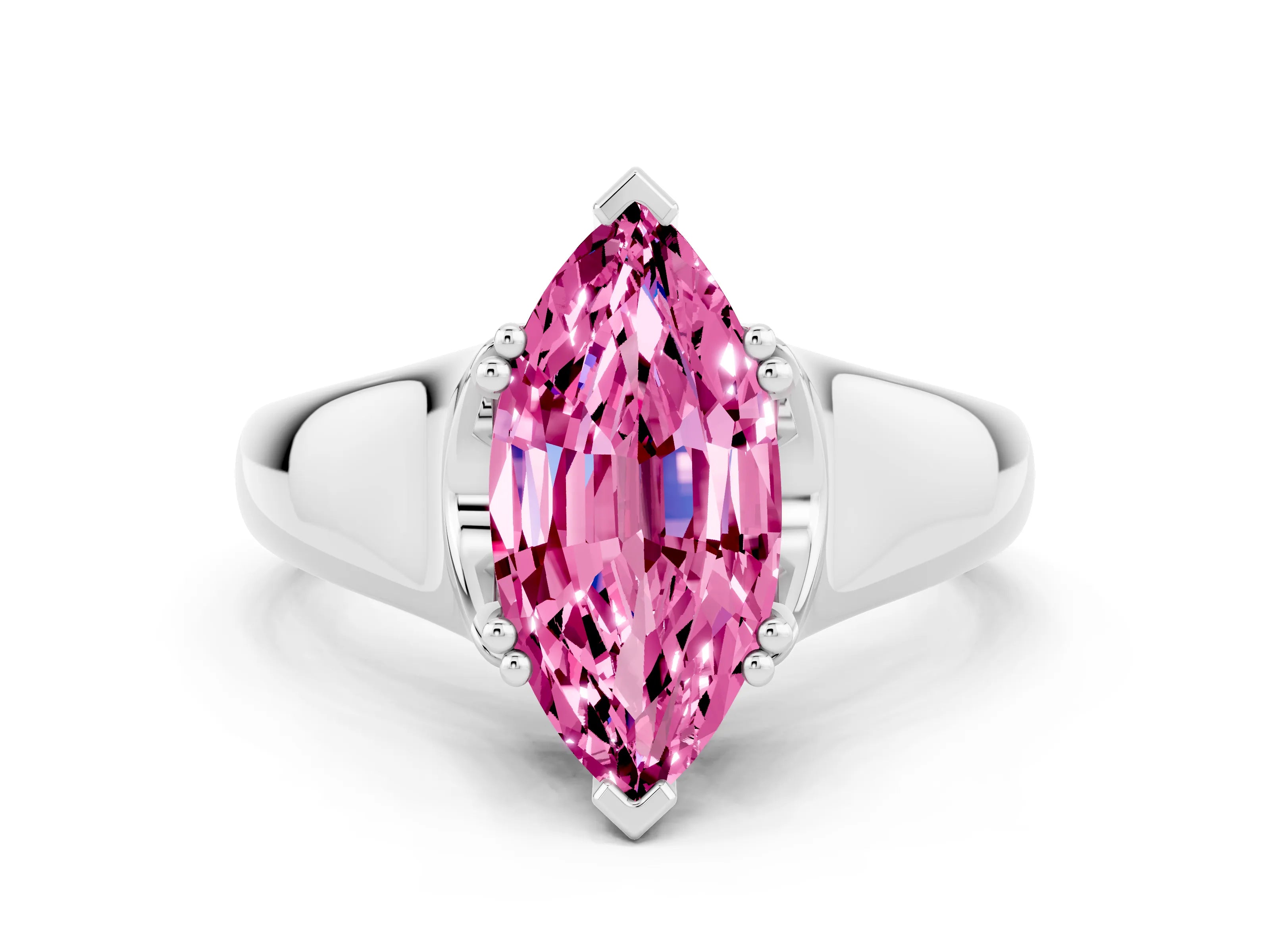 White gold Marquise Cut Pink Sapphire Solitaire Ring with Wide Band and Prong Setting_24