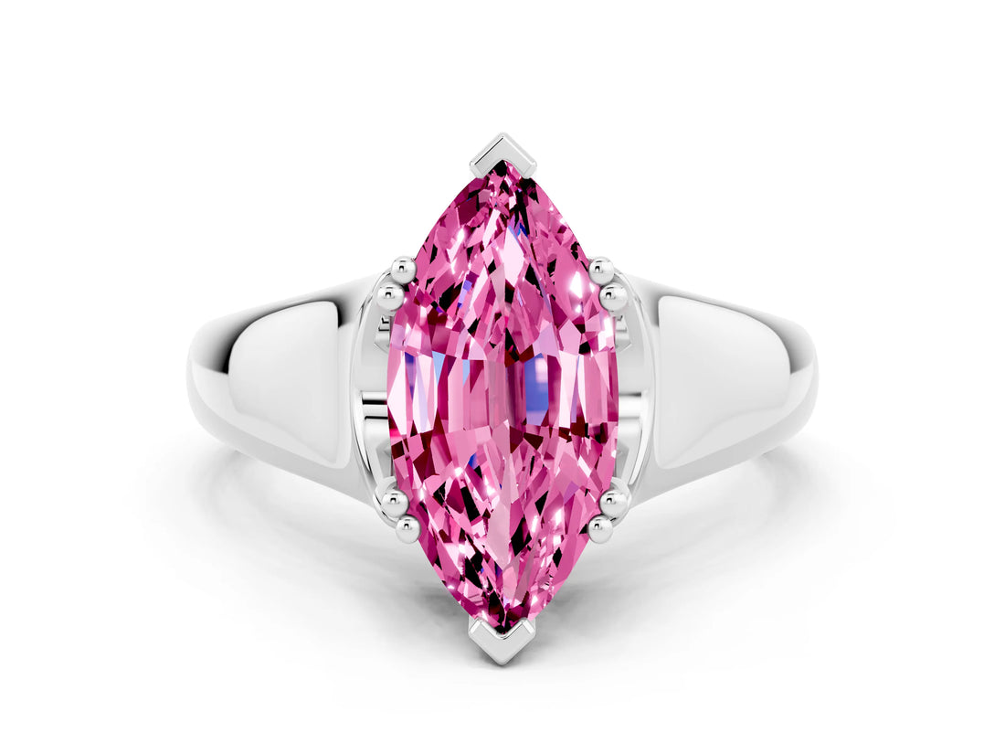 White gold Marquise Cut Pink Sapphire Solitaire Ring with Wide Band and Prong Setting_24