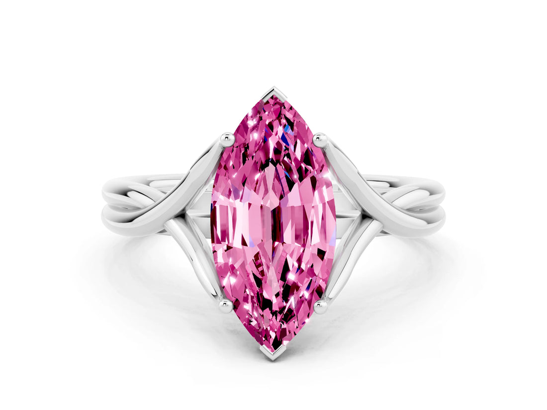 White gold Marquise Cut Pink Sapphire Solitaire Twist Band Prong Setting Ring_84