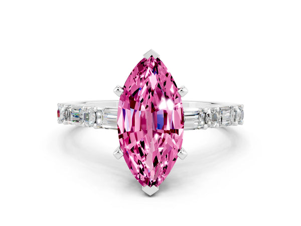 Platinum Marquise Cut Pink Sapphire Solitaire with Side Baguettes and Channel Set Band