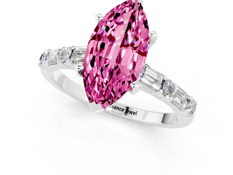 White gold Marquise Cut Pink Sapphire Solitaire with Side Baguettes and Channel Set Band_25
