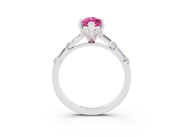Silver Marquise Cut Pink Sapphire Solitaire with Side Baguettes and Channel Set Band