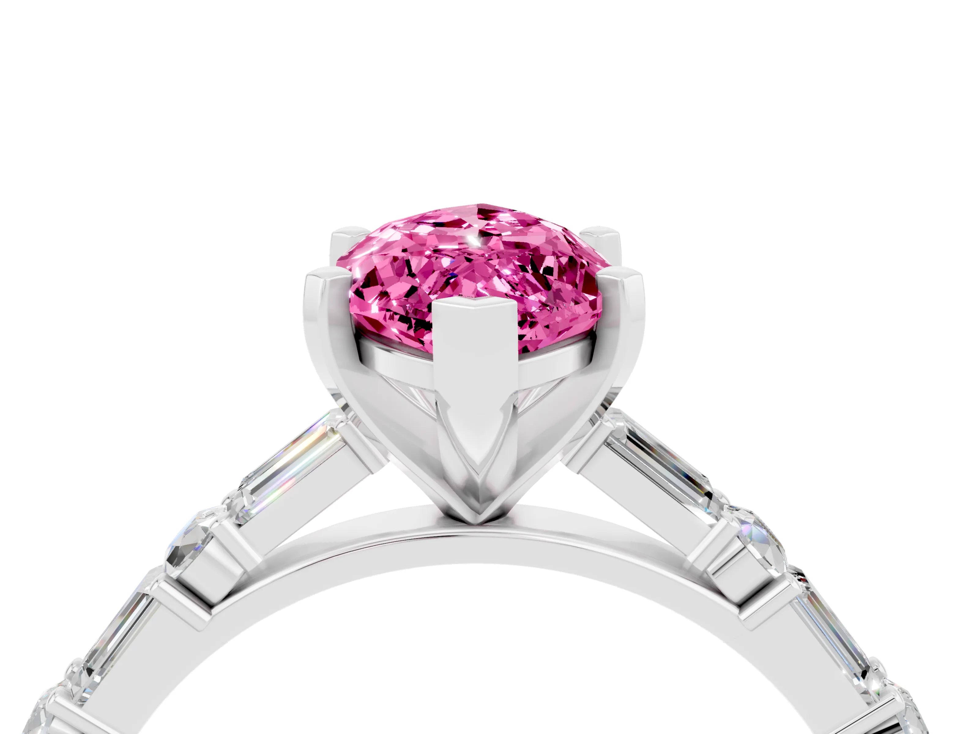 White gold Marquise Cut Pink Sapphire Solitaire with Side Baguettes and Channel Set Band_28