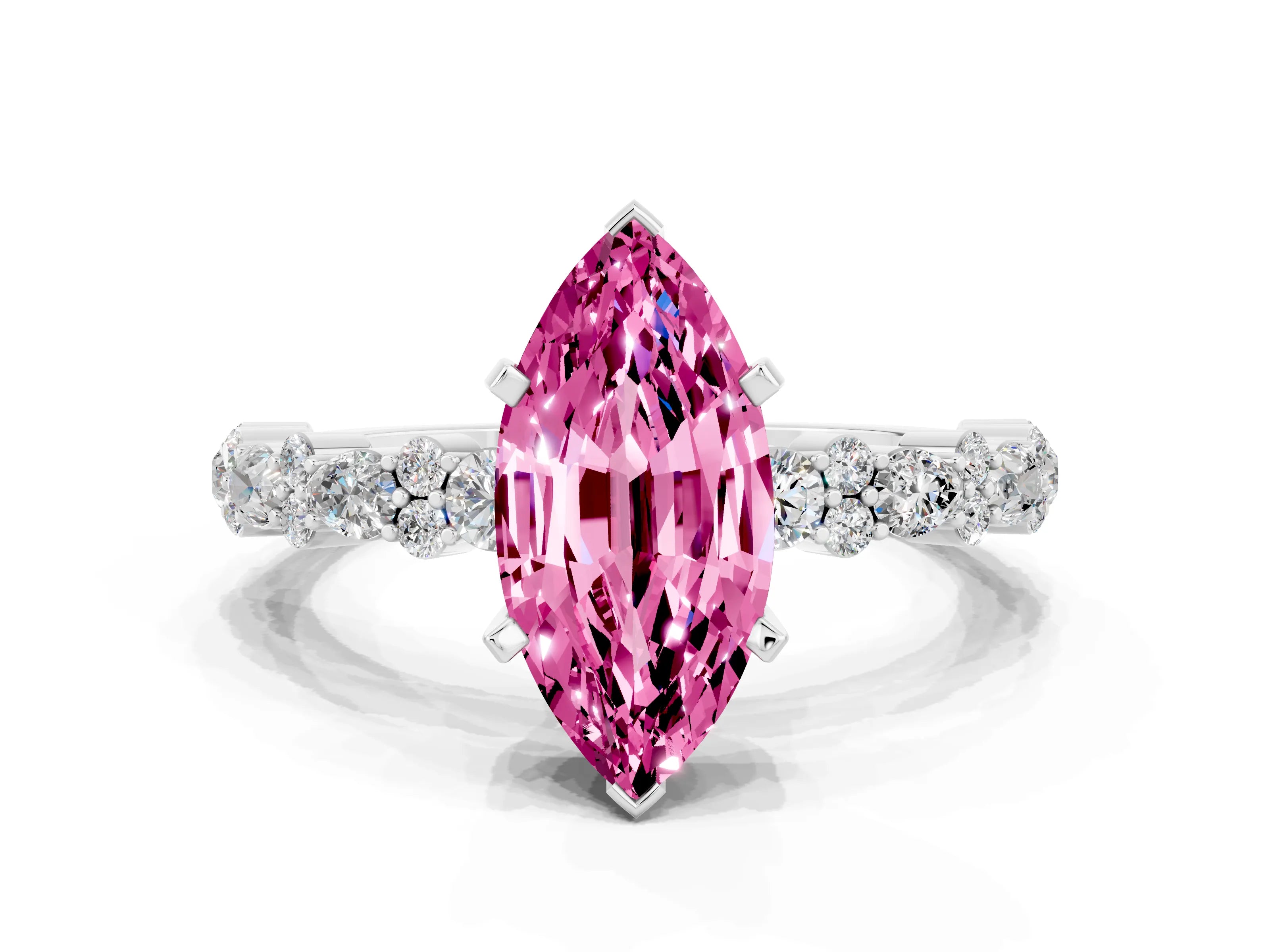 White gold Marquise Cut Pink Sapphire Solitaire with Side Stones, Pave Band, Four-Prong Setting_24