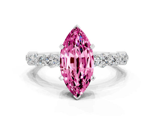 Platinum Marquise Cut Pink Sapphire Side Stone Solitaire Ring with Round  and Four-Prong Setting
