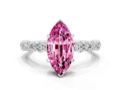 White gold Marquise Cut Pink Sapphire Solitaire with Side Stones, Pave Band, Four-Prong Setting_24