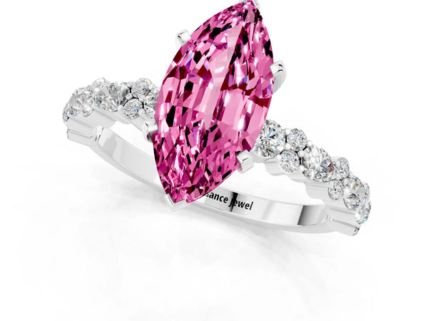 Platinum Marquise Cut Pink Sapphire Side Stone Solitaire Ring with Round  and Four-Prong Setting