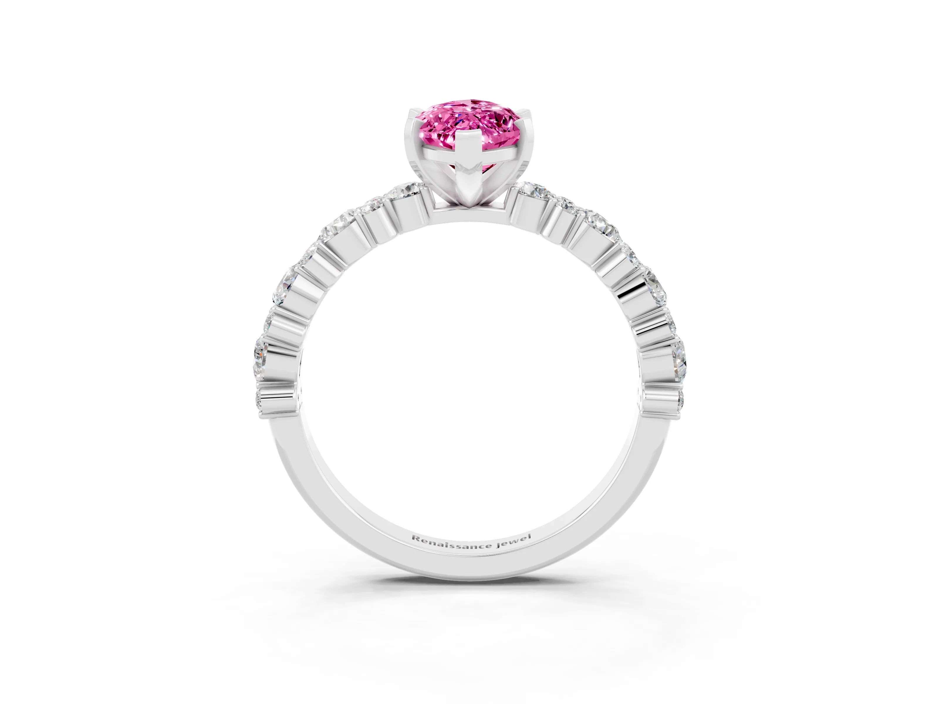 White gold Marquise Cut Pink Sapphire Solitaire with Side Stones, Pave Band, Four-Prong Setting_27