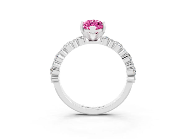 Platinum Marquise Cut Pink Sapphire Side Stone Solitaire Ring with Round  and Four-Prong Setting