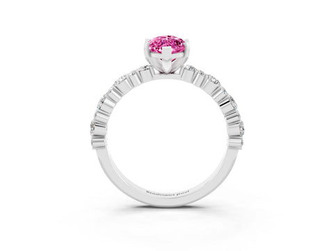 White gold Marquise Cut Pink Sapphire Solitaire with Side Stones, Pave Band, Four-Prong Setting_27