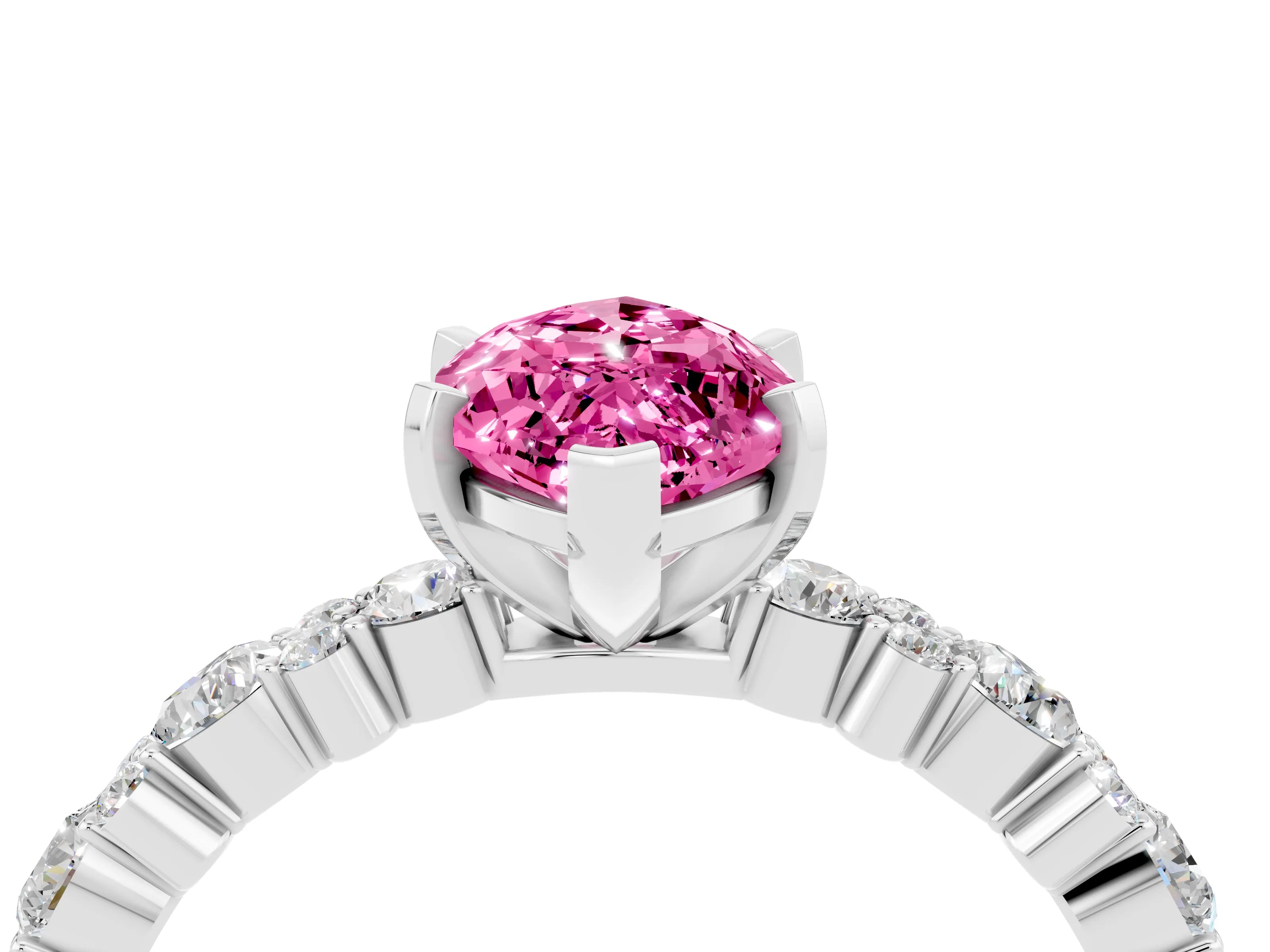 White gold Marquise Cut Pink Sapphire Solitaire with Side Stones, Pave Band, Four-Prong Setting_28